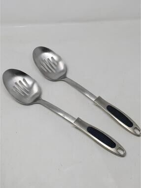 2x INOX Edelstahl Rostfrei Stainless Steel Slot Spoon 18/8 Soft Grip Hang 13.5”